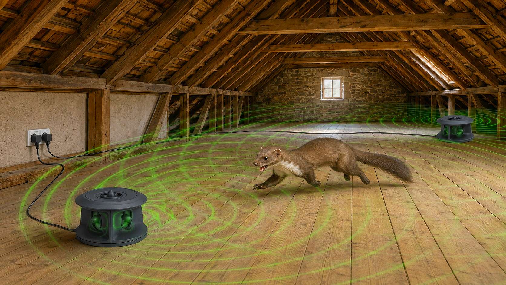 Sada proti kunám na velkou půdu – 2× 3D odpuzovač 1700 m³ + 2x kabel 5,5 m