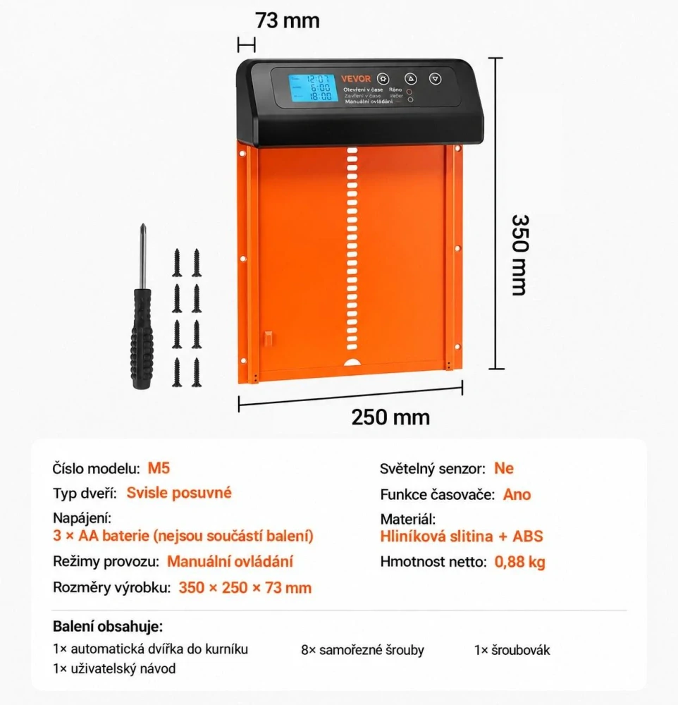 Automatická dvířka do kurníku s časovačem a ochranou proti přiskřípnutí – oranžová