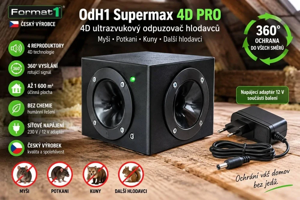 OdH1 Supermax 4D PRO – ultrazvukový odpuzovač kun, myší a potkanů až 1 600 m²