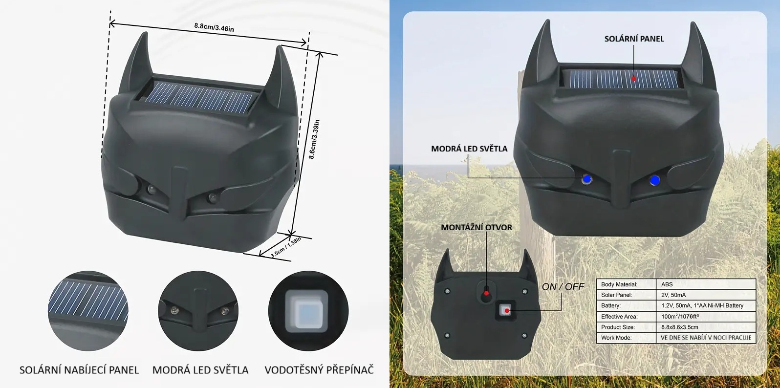 Sada 2 kusů vodotěsných solárních odpuzovačů zvěře s modrými LED záblesky
