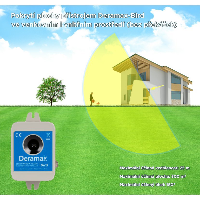 Deramax BIRD – odpuzovač ptáků (dosah až 300 m²)