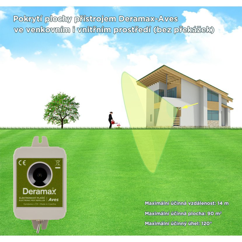 Deramax AVES – odpuzovač ptáků - dosah až 90 m²