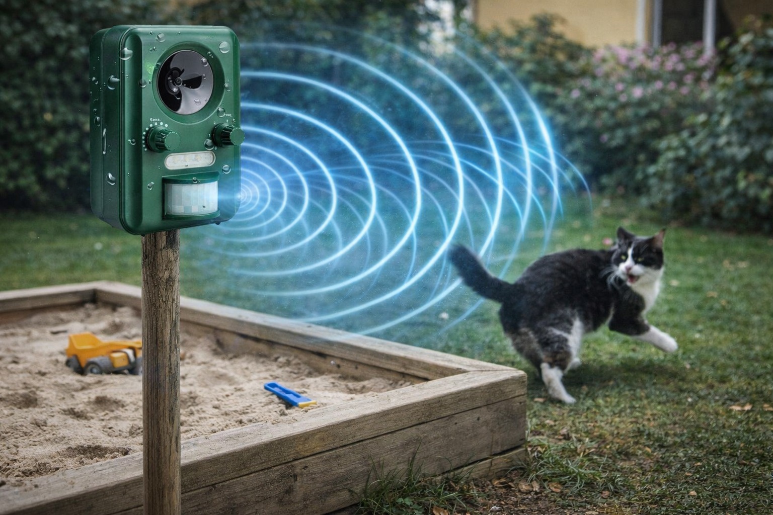 Venkovní ultrazvukový odpuzovač kun, psů, koček, netopýrů a ptáků.